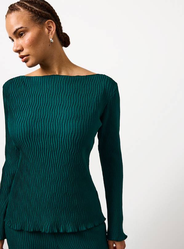 Bottle Green Plisse Co-ord Long Sleeve Top 22